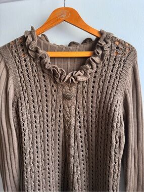 Vintage Ruffled Cable-Panel Knit 70% wool Cardigan Sweater S - Taupe